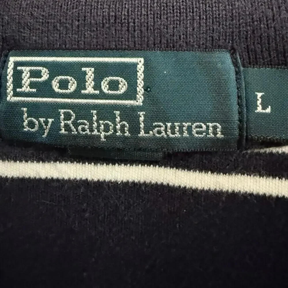 POLO RALPH LAUREN Men’s Navy Blue White Stripe Cotton Jersey Polo Shirt Size L